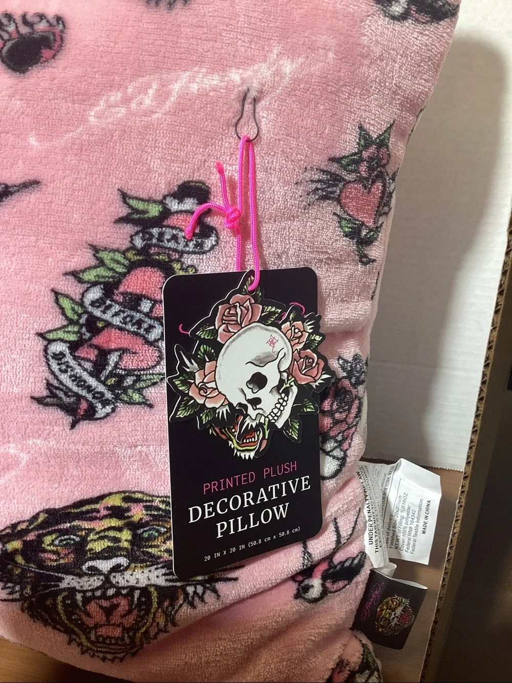 Ed Hardy Pink Skull & Rose Plush Decorative Pillow